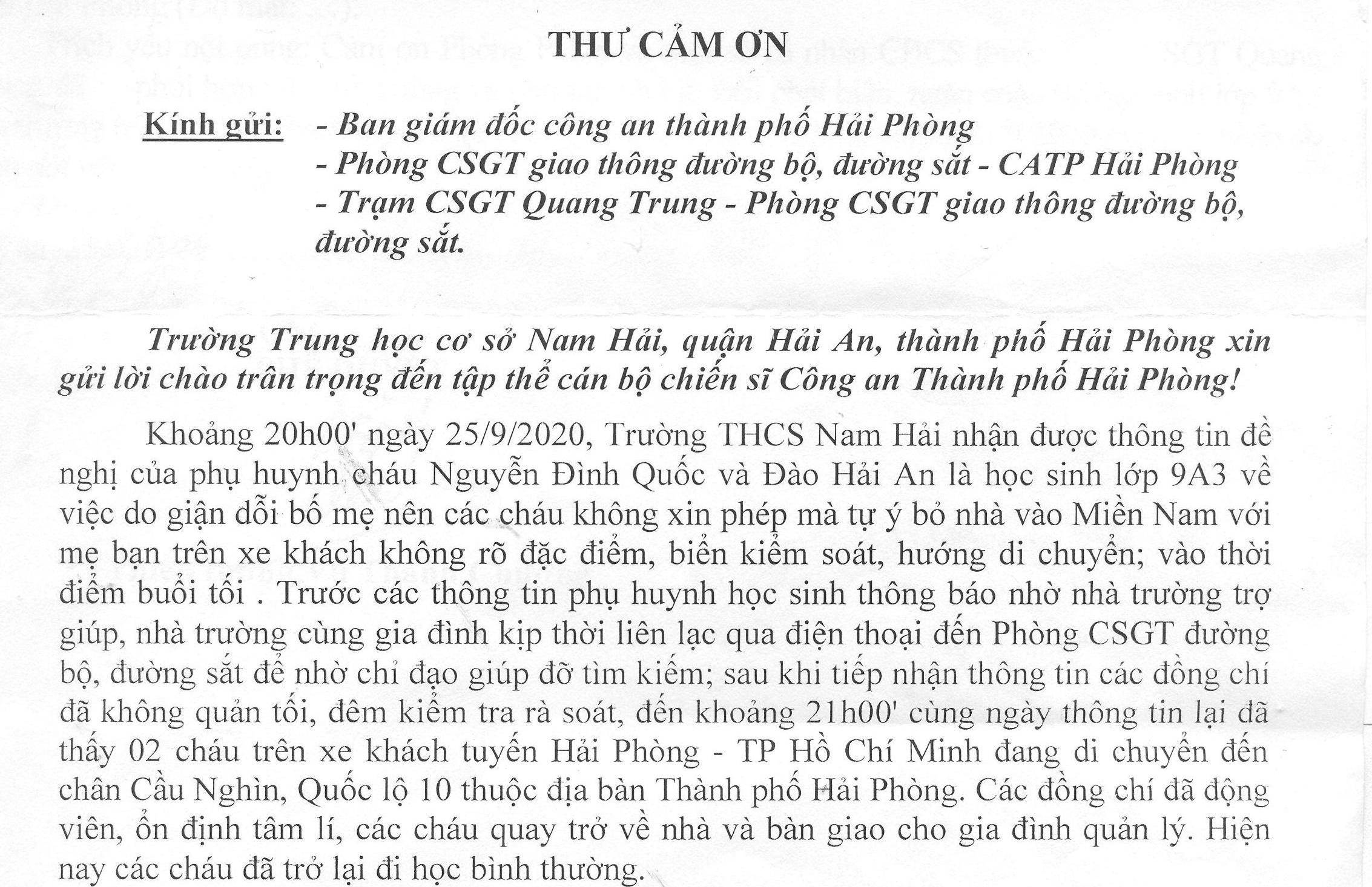 Trường THCS Nam Hải, quận Hải An gửi thư cảm ơn Công an thành phố Hải Phòng
